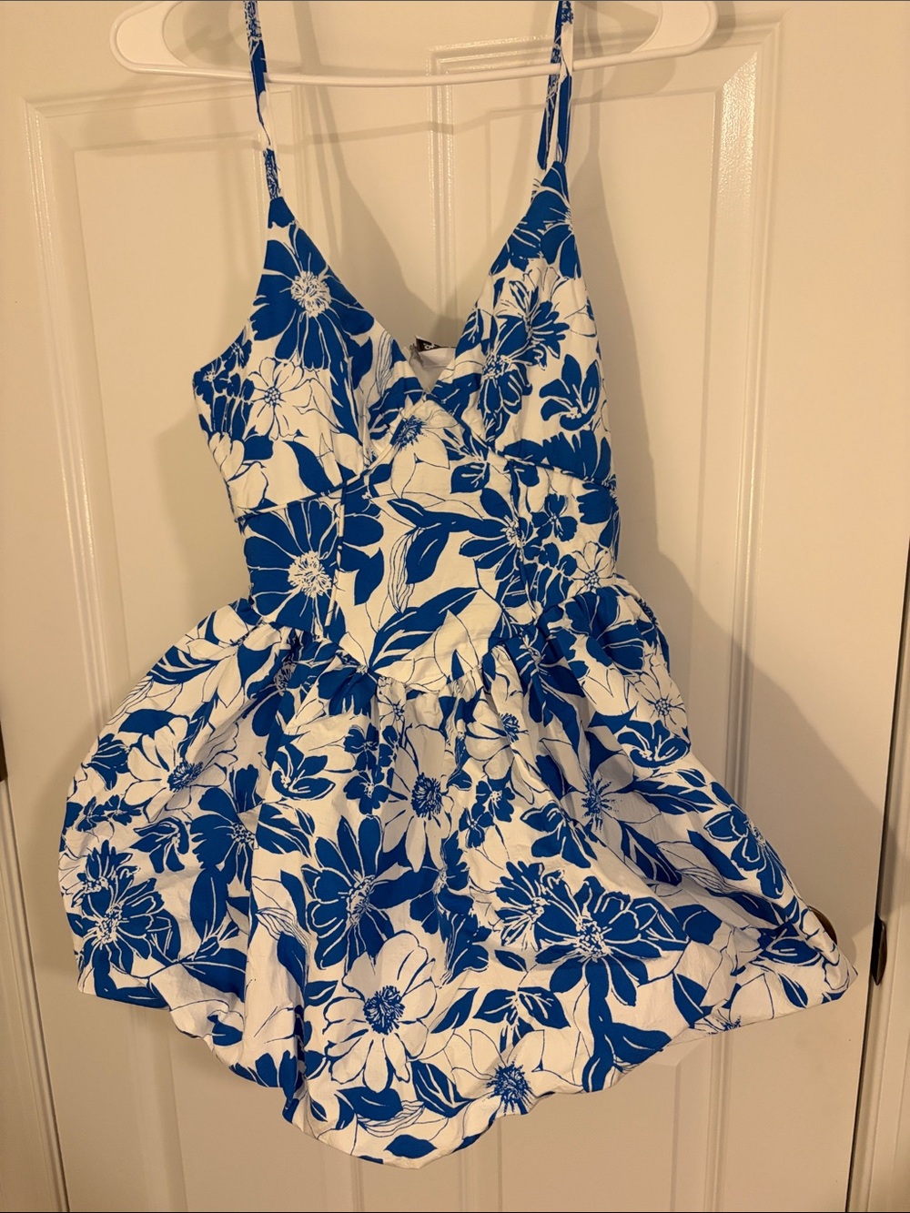 White & Blue Floral Mini Dress with Spaghetti Straps